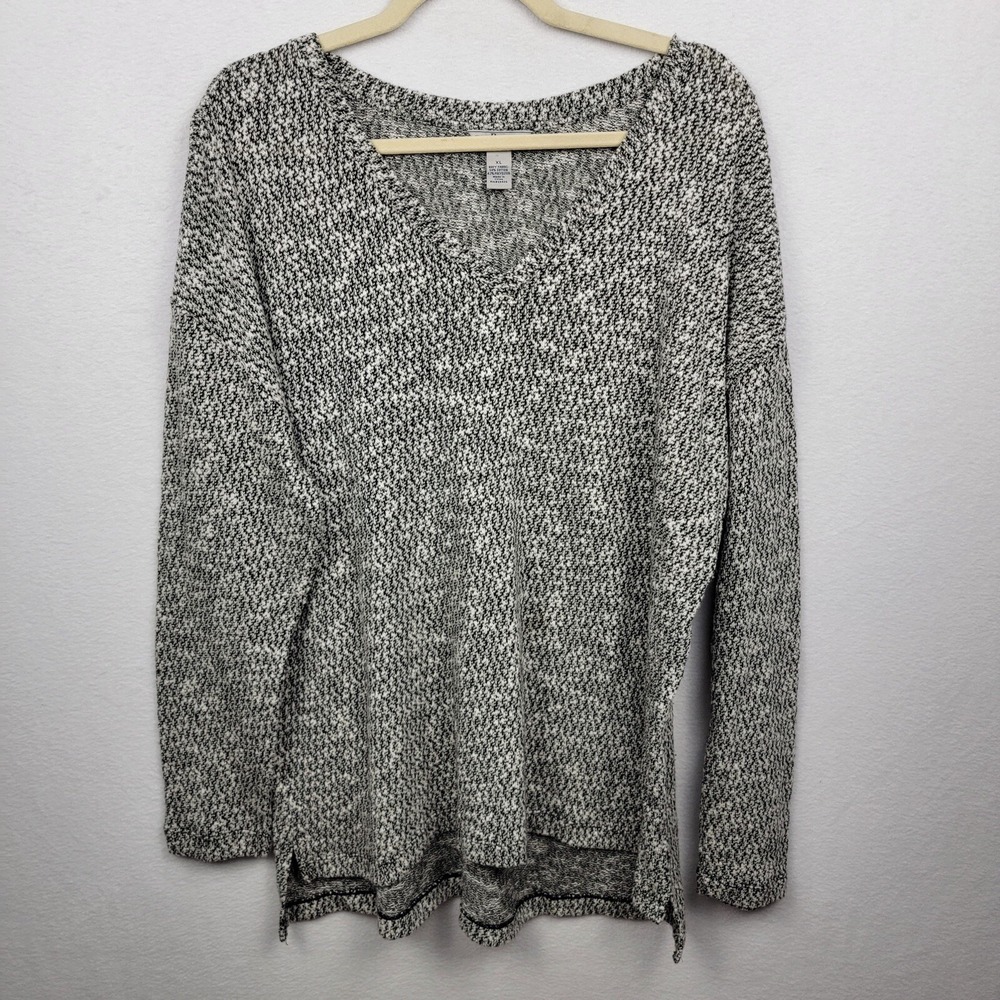 Bass Womens Pullover Sweater Black Marled Long Sleeve V Neck Side Slits XL